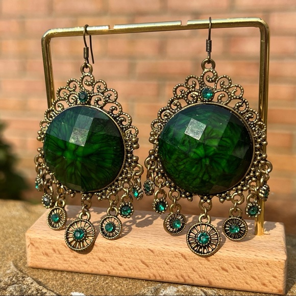 Elaborate Green and Gold Dangle Earrings - Picture 2 of 9